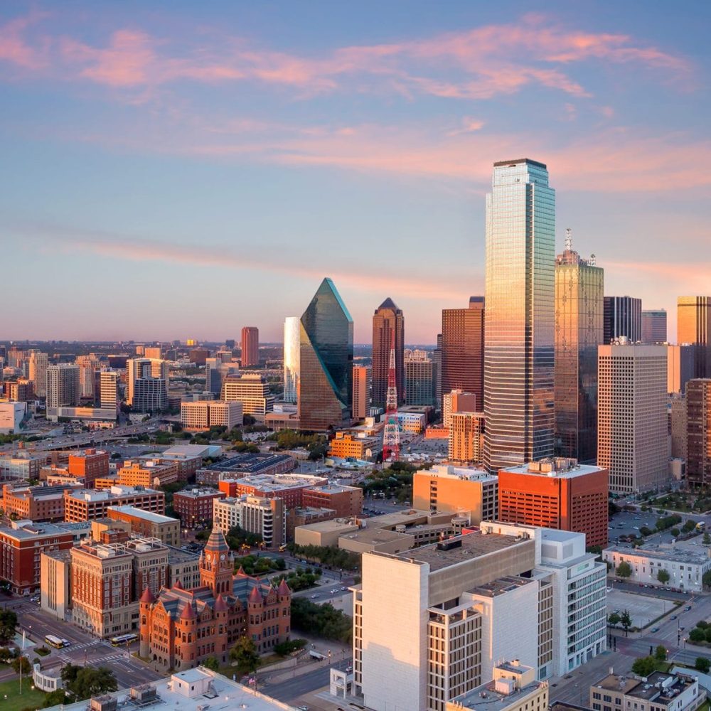 Dallas, Texas cityscape with blue sky at sunset Dallas, Texas cityscape with blue sky at sunset in USA